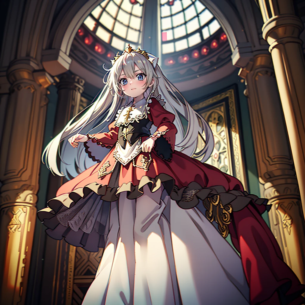 ８Cute Princess, Highest quality, Highest quality, Facial details, mysterious, Gorgeous long medieval dress in red and white, Gold and silver embroidery, Panniers, A full body drawing from head to toe, Silver Hair, Ancient Capital, Angle from below,skirt, White tights