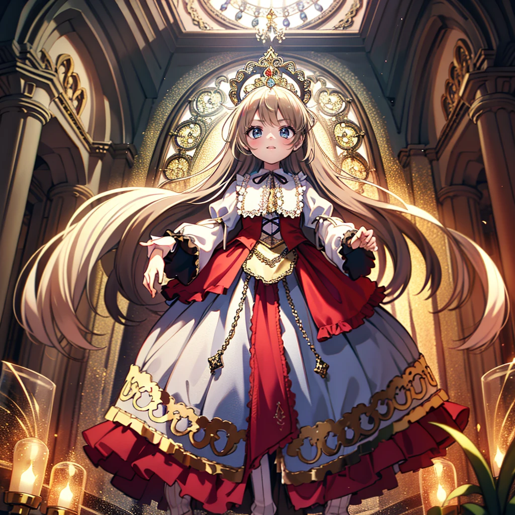 ８Cute Princess, Highest quality, Highest quality, Facial details, mysterious, Gorgeous long medieval dress in red and white, Gold and silver embroidery, Panniers, A full body drawing from head to toe, Silver Hair, Ancient Capital, Angle from below,skirt, White tights