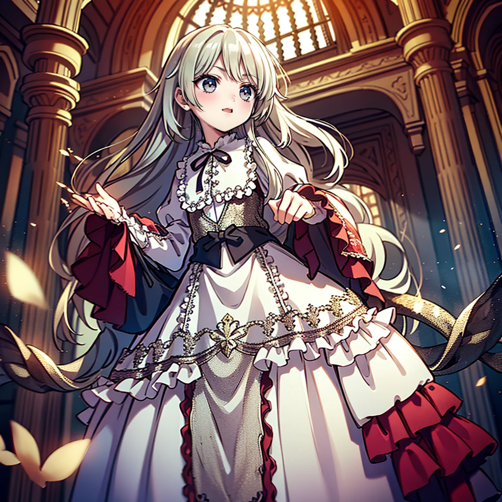 ８Cute Princess, Highest quality, Highest quality, Facial details, mysterious, Gorgeous long medieval dress in red and white, Gold and silver embroidery, Panniers, A full body drawing from head to toe, Silver Hair, Ancient Capital, Angle from below,skirt, White tights