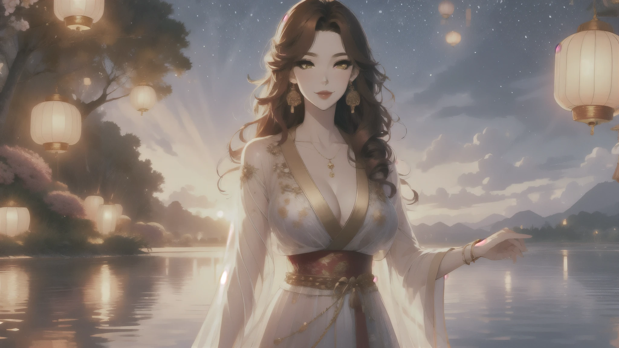 UHD, textured skin, high detail, anatomically correct, SOLO, 1 female, Xian mei, unique golden eyes, long red curly hair, jewelry, round, big breasts, perfect anatomy, walking by the lake, clear water nude, nude, sexy, hot , stars at night, shooting stars, wonderful sky, dear night sky,