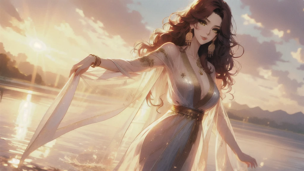 UHD, textured skin, high detail, anatomically correct, SOLO, 1 female, Xian mei, unique golden eyes, long red curly hair, jewelry, round, big breasts, perfect anatomy, walking by the lake, clear water nude, nude, sexy, hot , stars at night, shooting stars, wonderful sky, dear night sky,