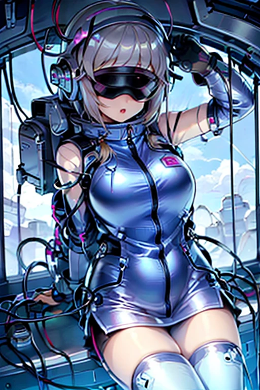 1 Girl, whole body, (space helmet):10,He has a large metal helmet on his head that covers his hair and eyes., tube, wire, She gets electrocuted, brainwashing,astrovest,bing_astronaut,blush,torogao,