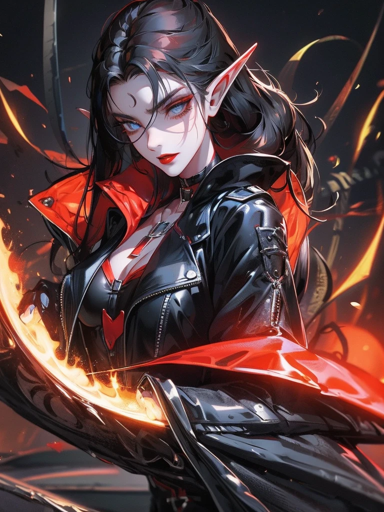 female elf, long black hair, blue eyes, black gothic choker, red jacket, black shirt, red lips, black makeup. A detailed eye. City at night background. full moon.