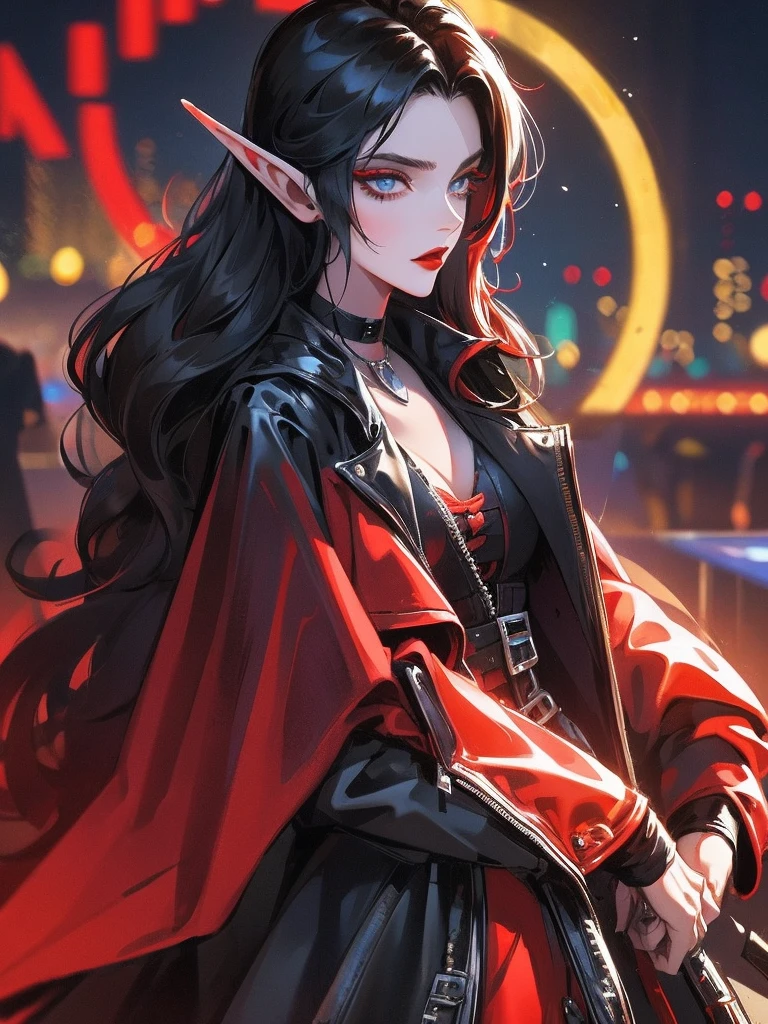 female elf, long black hair, blue eyes, black gothic choker, red jacket, black shirt, red lips, black makeup. A detailed eye. City at night background. full moon.