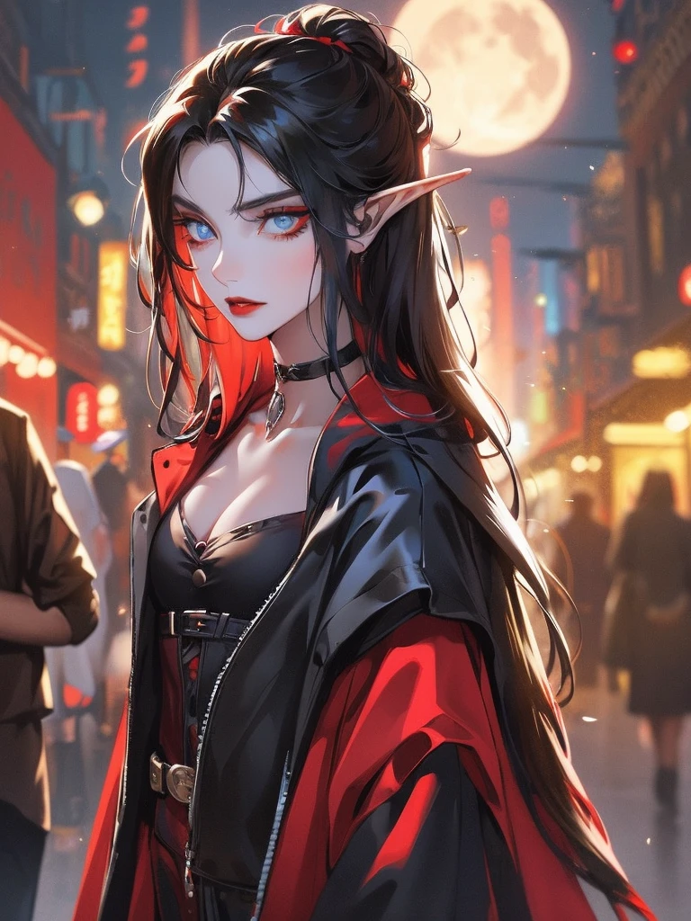 female elf, long black hair, blue eyes, black gothic choker, red jacket, black shirt, red lips, black makeup. A detailed eye. City at night background. full moon.