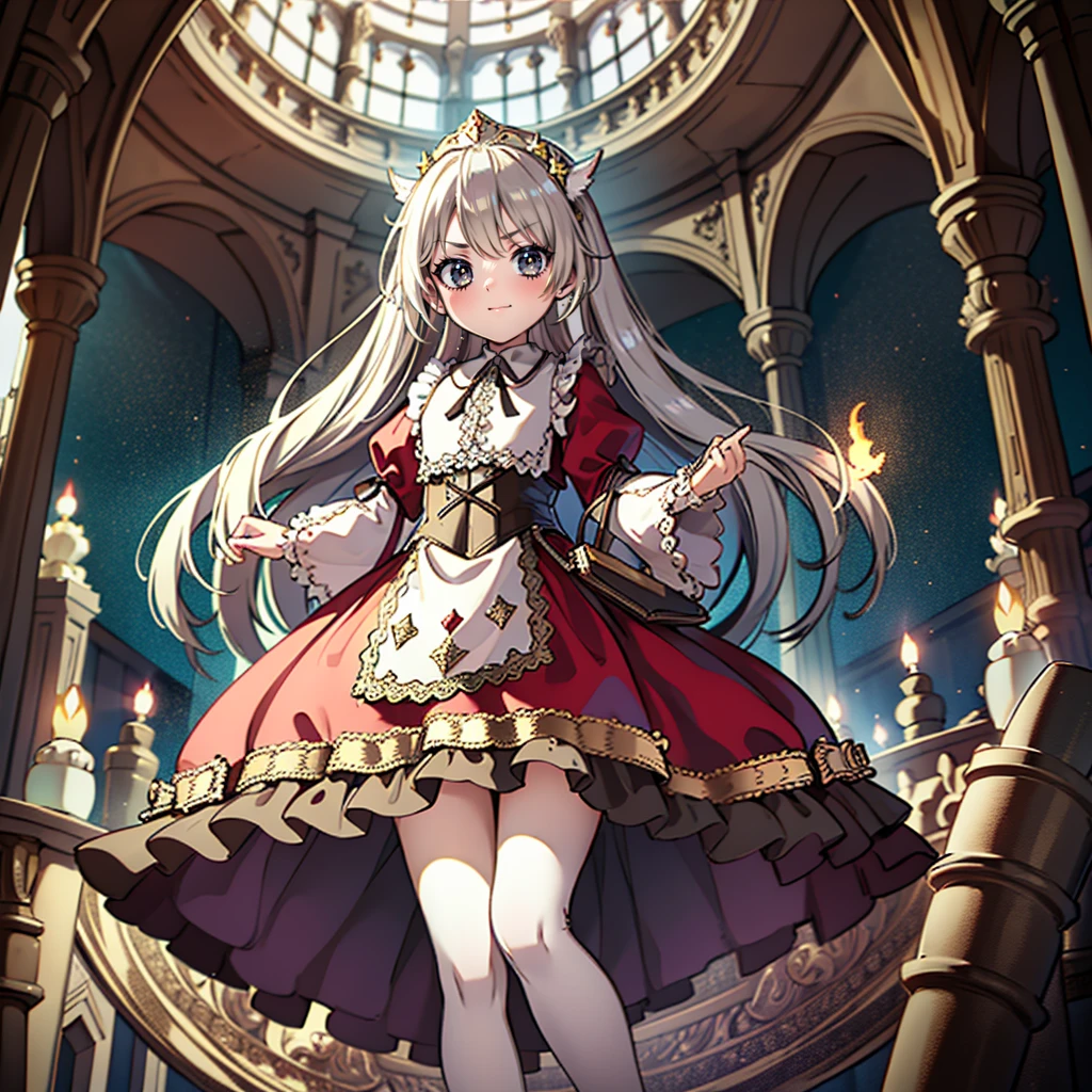 ８Cute Princess, Highest quality, Highest quality, Facial details, mysterious, Gorgeous long medieval dress in red and white, Gold and silver embroidery, Panniers, A full body drawing from head to toe, Silver Hair, Ancient Capital, Angle from below,skirt, White tights