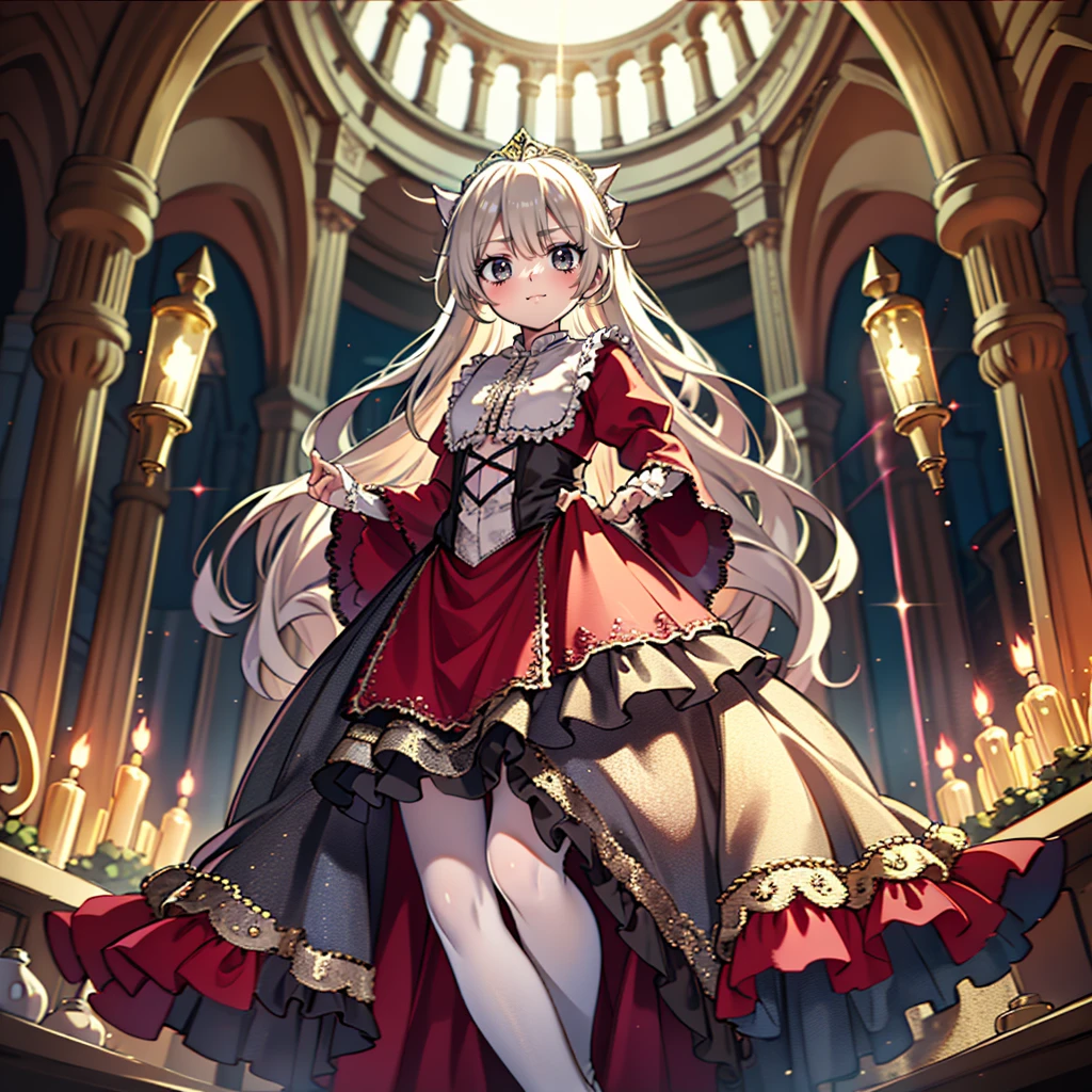 ８Cute Princess, Highest quality, Highest quality, Facial details, mysterious, Gorgeous long medieval dress in red and white, Gold and silver embroidery, Panniers, A full body drawing from head to toe, Silver Hair, Ancient Capital, Angle from below,skirt, White tights