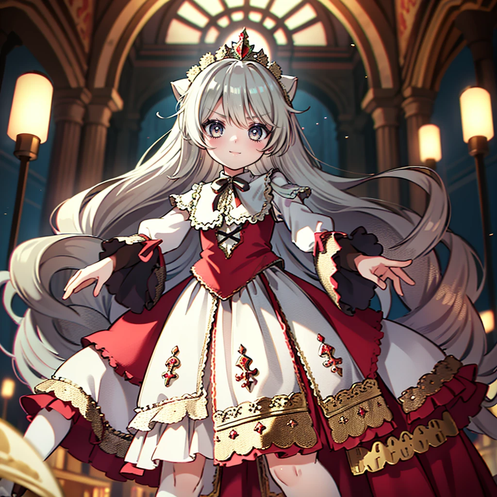 ８Cute Princess, Highest quality, Highest quality, Facial details, mysterious, Gorgeous long medieval dress in red and white, Gold and silver embroidery, Panniers, A full body drawing from head to toe, Silver Hair, Ancient Capital, Angle from below,skirt, White tights