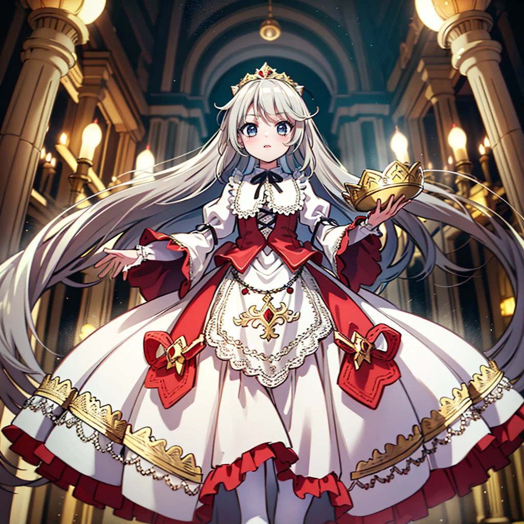 ８Cute Princess, Highest quality, Highest quality, Facial details, mysterious, Gorgeous long medieval dress in red and white, Gold and silver embroidery, Panniers, A full body drawing from head to toe, Silver Hair, Ancient Capital, Angle from below,skirt, White tights