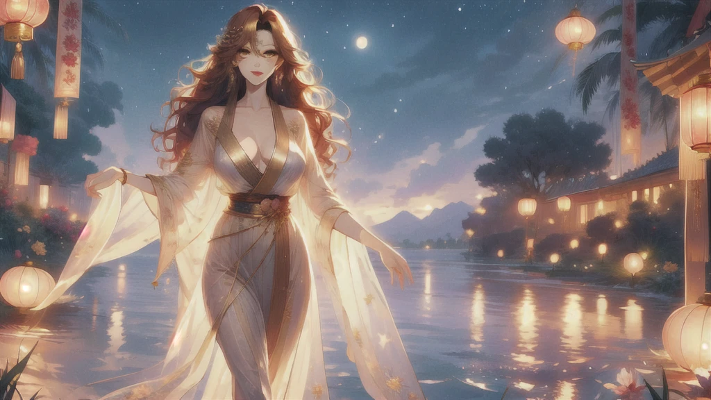 UHD, textured skin, high detail, anatomically correct, SOLO, 1 female, Xian mei, unique golden eyes, long red curly hair, jewelry, round, big breasts, perfect anatomy, walking by the lake, clear water nude, nude, sexy, hot , stars at night, shooting stars, wonderful sky, dear night sky,