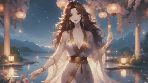 UHD, textured skin, high detail, anatomically correct, SOLO, 1 female, Xian mei, unique golden eyes, long red curly hair, jewelr...