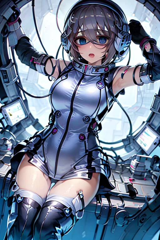 1 Girl, whole body, (space helmet):10,He has a large metal helmet on his head that covers his hair and eyes., tube, wire, She gets electrocuted, brainwashing,astrovest,bing_astronaut,blush,torogao,