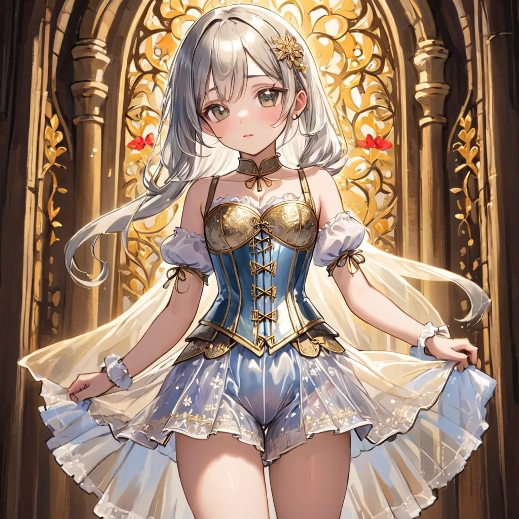 8 year old medieval girl, １people、In underwear、Gold and silver thread embroidery、Translucent underwear that reaches below the knee（Bloomers）wear、wear a semi-transparent corset、Translucent slip