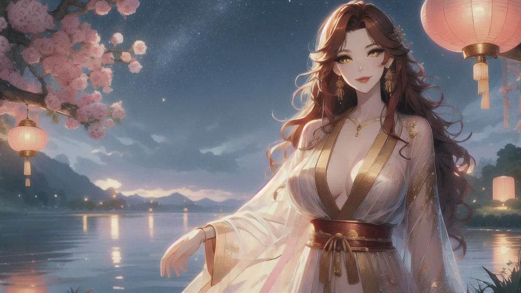 UHD, textured skin, high detail, anatomically correct, SOLO, 1 female, Xian mei, unique golden eyes, long red curly hair, jewelry, round, big breasts, perfect anatomy, walking by the lake, clear water nude, nude, sexy, hot , stars at night, shooting stars, wonderful sky, dear night sky,