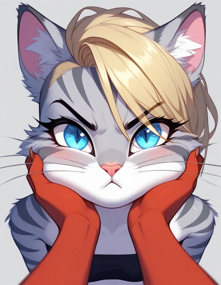 , score_9,score_8_up,score_7_up, source_furry, kat, Anthro furry feline, cute female, tall slender body, long blonde hair, undercut hair, pink nose, :3, blue eyes, white whiskers, silver fur, grey stripes, furry body, pouting, grumpy, wearing black bandeau, BREAK, pov, pov viewer is holding her cheeks, viewer is a female red reptile, red reptile hands, simple grey background 