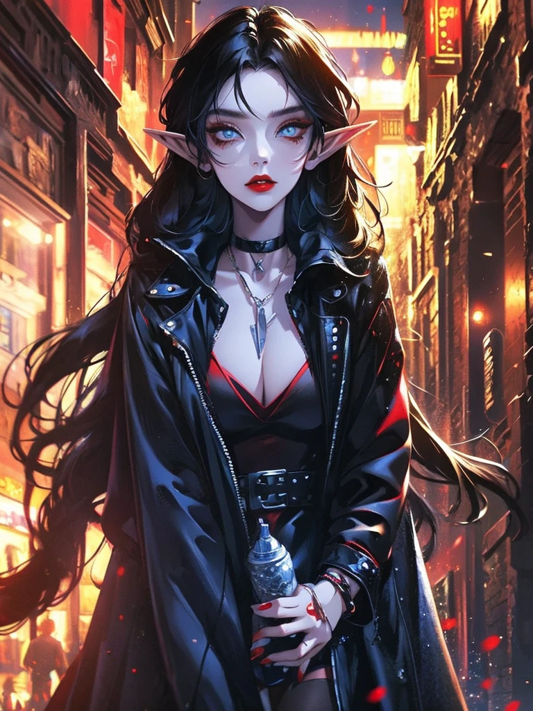 female elf, long black hair, blue eyes, black gothic choker, red jacket, black shirt, red lips, black makeup. A detailed eye. City at night background. full moon.