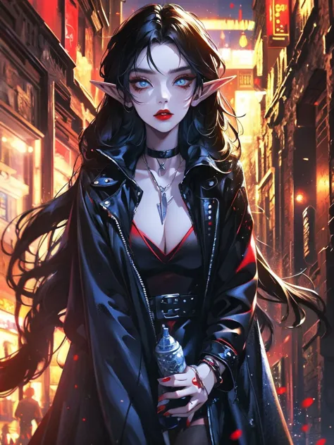 female elf, long black hair, blue eyes, black gothic choker, red jacket, black shirt, red lips, black makeup. A detailed eye. Ci...