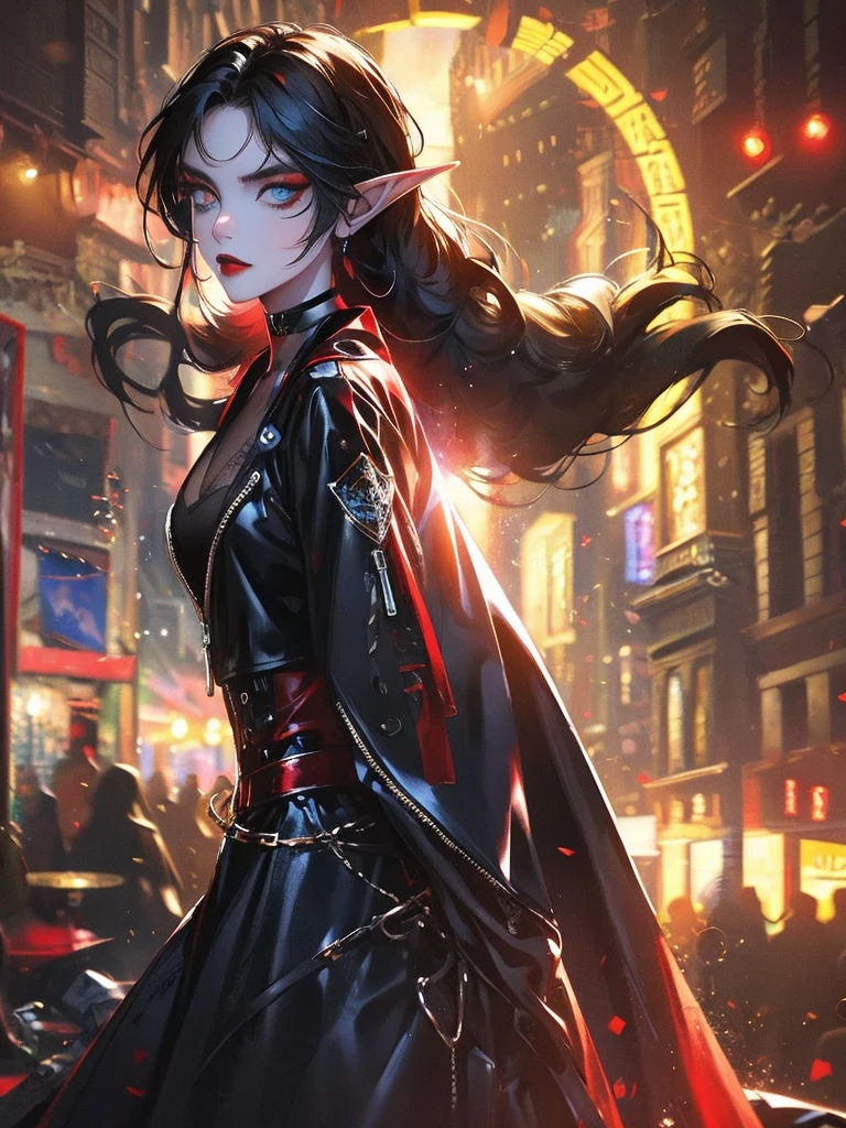 female elf, long black hair, blue eyes, black gothic choker, red jacket, black shirt, red lips, black makeup. A detailed eye. City at night background. full moon.