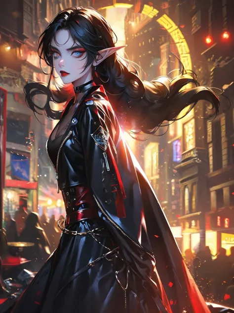 female elf, long black hair, blue eyes, black gothic choker, red jacket, black shirt, red lips, black makeup. A detailed eye. Ci...