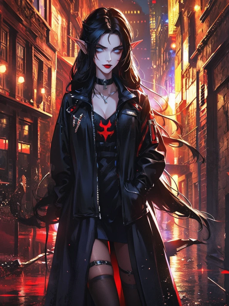 female elf, long black hair, blue eyes, black gothic choker, red jacket, black shirt, red lips, black makeup. A detailed eye. City at night background. full moon.