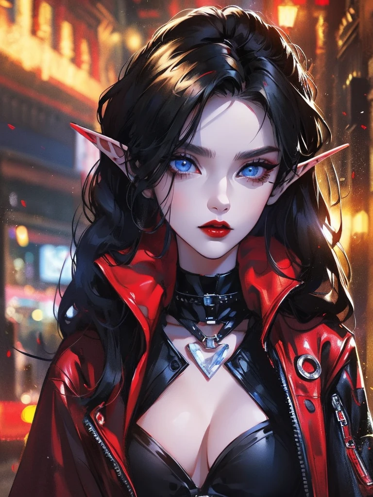 female elf, long black hair, blue eyes, black gothic choker, red jacket, black shirt, red lips, black makeup. A detailed eye. City at night background. full moon.