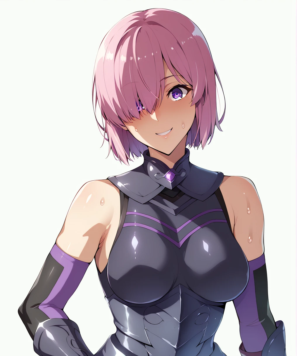 whole body、mash kyrielight, short hair, purple eyes, pink hair, hair over one eye,gloves, bare shoulders, elbow gloves, armor, black armor,smile、Ultra-detailed illustrations、Ultra-precise expression、masterpiece、Highest quality、ultra High resolution、High resolution、Hiromitsu Takeda Style、White background、Simple Background、whole body、One girl、solo、White Breath、Sweat、Glowing Skin、shiny skin、Front angle、View your viewers、stand、