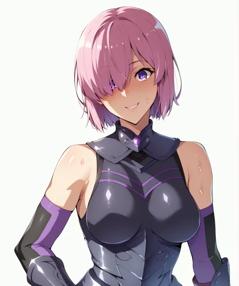 whole body、mash kyrielight, short hair, purple eyes, pink hair, hair over one eye,gloves, bare shoulders, elbow gloves, armor, b...