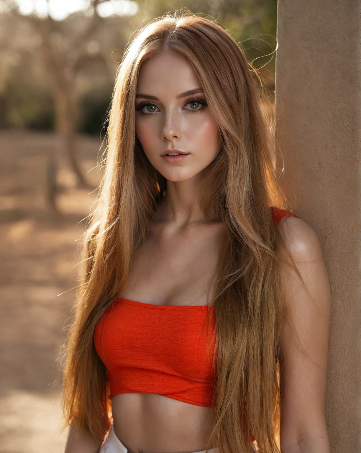 Arafed woman wearing a red top and white pants posing for a photo., long and shiny hair, She has long orange-brown hair., long shiny red hair, long blonde hair and big eyes, long hair and red shirt, with long hair, with long blonde hair, Orange peel and long fiery hair., long shiny ethereal hair, girl with long hair, long colorful hair