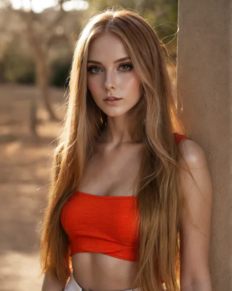 Arafed woman wearing a red top and white pants posing for a photo., long and shiny hair, She has long orange-brown hair., long s...