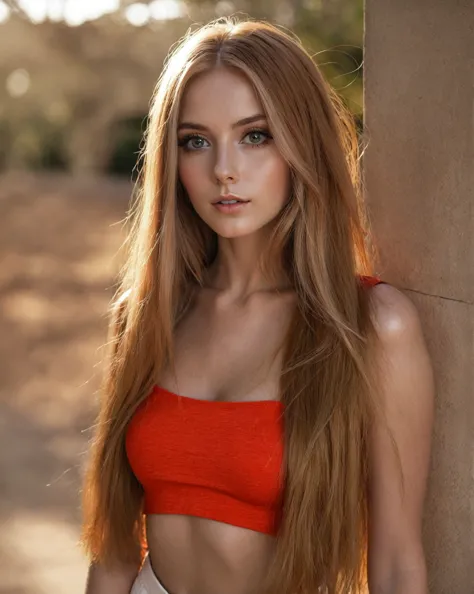 Arafed woman wearing a red top and white pants posing for a photo., long and shiny hair, She has long orange-brown hair., long s...