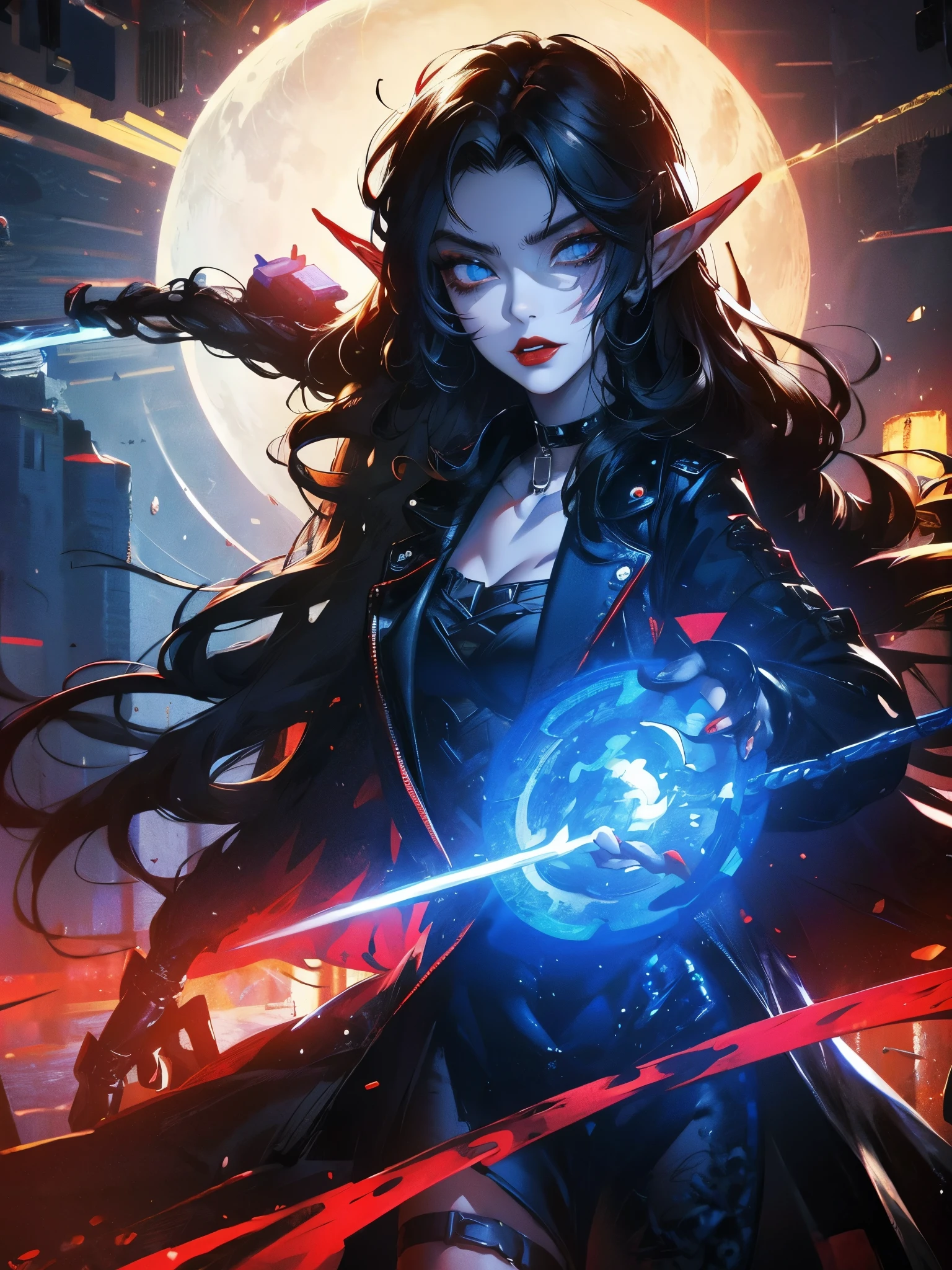 female elf, long black hair, blue eyes, black gothic choker, red jacket, black shirt, red lips, black makeup. A detailed eye. City at night background. full moon.