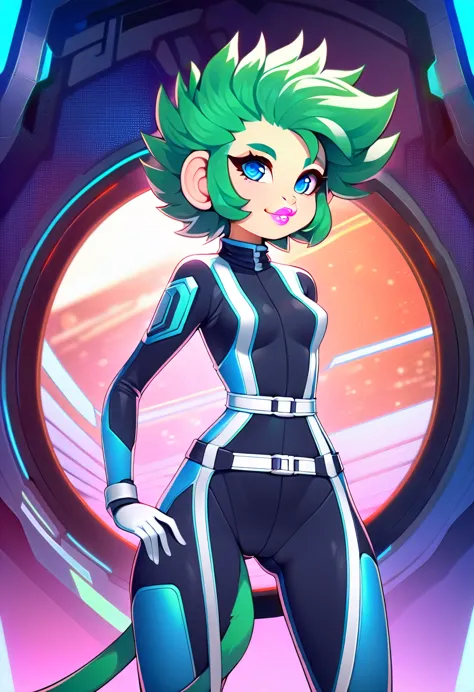 Ultra quality, 2D art style, 18-year-old anthropomorphic woman Monkey, she has green fur, she has short and spiked green hair, s...