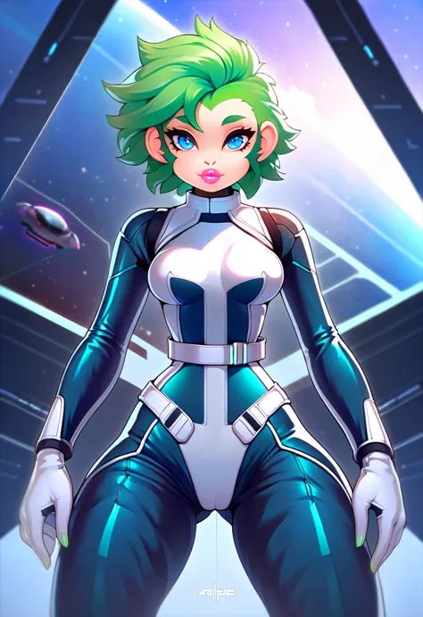 Ultra quality, 2D art style, 18-year-old anthropomorphic woman Monkey, she has green fur, she has short and spiked green hair, s...