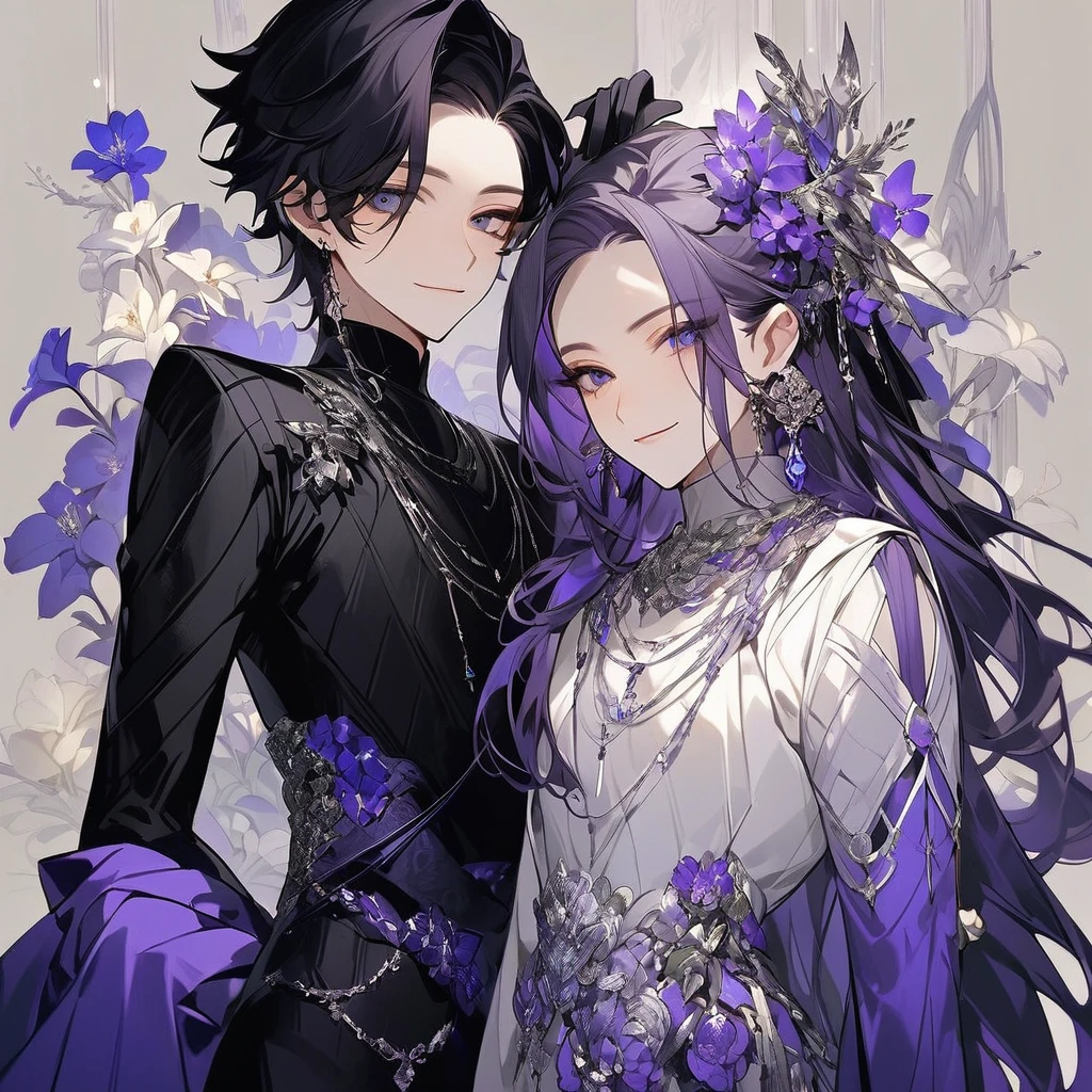 Feminine boy, beautiful soft facial features, smile, squinted siren dark blue eyes without glare, silver and dark purple long loose hair with straight bang, fantasy black fit clothes with blue and purple elements, long black gloves, model, gorgeous, elegant, lots of silver jewelry, flowers in his hair, skinny body