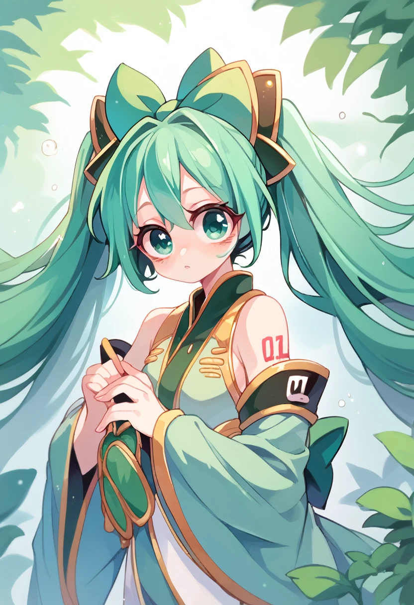 A beautiful girl with dark green hair, green eyes, wearing a green hero costume, beautiful body, Hatsune Hado