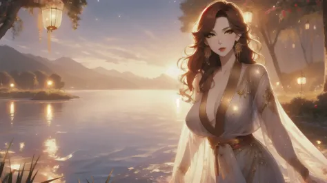 UHD, textured skin, high detail, anatomically correct, SOLO, 1 female, Xian mei, unique golden eyes, long red curly hair, jewelr...