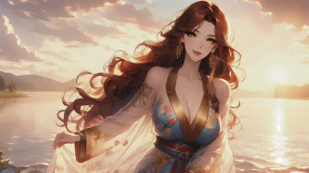 UHD, textured skin, high detail, anatomically correct, SOLO, 1 female, Xian mei, unique golden eyes, long red curly hair, jewelry, round, big breasts, perfect anatomy, walking by the lake, clear water nude, nude, sexy, hot , stars at night, shooting stars, wonderful sky, dear night sky,
