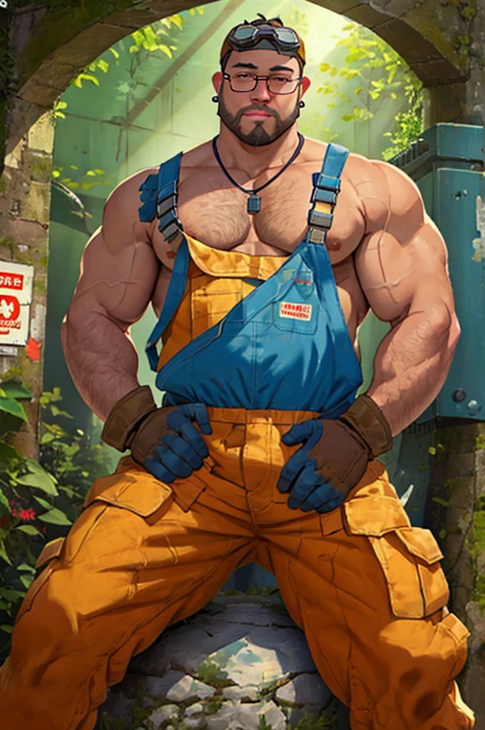 george pei, 1boy, solo, mature male, masterpiece, round face, short beard, stumble, glasses, stocky body, gay bear, big chest, muscular, ((best quality)), ((masterpiece)), ((realistic)),Disney,animation,8k wallpape,A handsome 30-year-old muscular male,broad shoulders,(fat body),puffy nipple,musclebears,chubby,large pectorals,
mechanicoveralls,naked overalls,gloves,holding wrench,goggles on head,backwards hat,in front of off-road vehicle,
relaxed,earrings,dog tag,spread legs,thick thighs,masterpiece,best quality,highly detailed,perfect lighting,