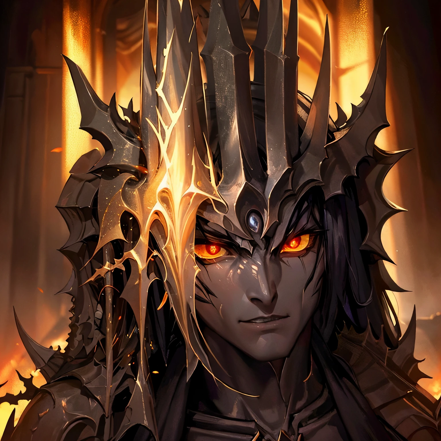 Long black hair, pale skin, beautiful refined face, golden fiery eyes with a vertebral pupil, black demonic robe, with black decorations, male, elf, lord of darkness,