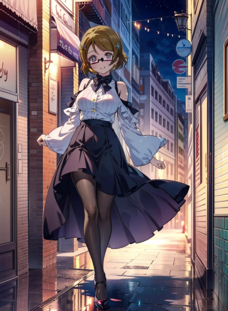 hanayo koizumi, hanayo　Koizumi, short hair, Brown Hair, Purple eyes,Big Breasts,Black-rimmed glasses,Cold Shoulder Shirt,Long skirt,Black pantyhose,Stiletto heels,happy smile, smile, Open your mouth,まるでwhole bodyがイラストの中にいるかのように,Walking,
break looking at viewer, whole body,
break outdoors,Building district,
break (masterpiece:1.2), Highest quality, High resolution, unity 8k wallpaper, (shape:0.8), (Beautiful and beautiful eyes:1.6), Highly detailed face, Perfect lighting, Extremely detailed CG, (Perfect hands, Perfect Anatomy),