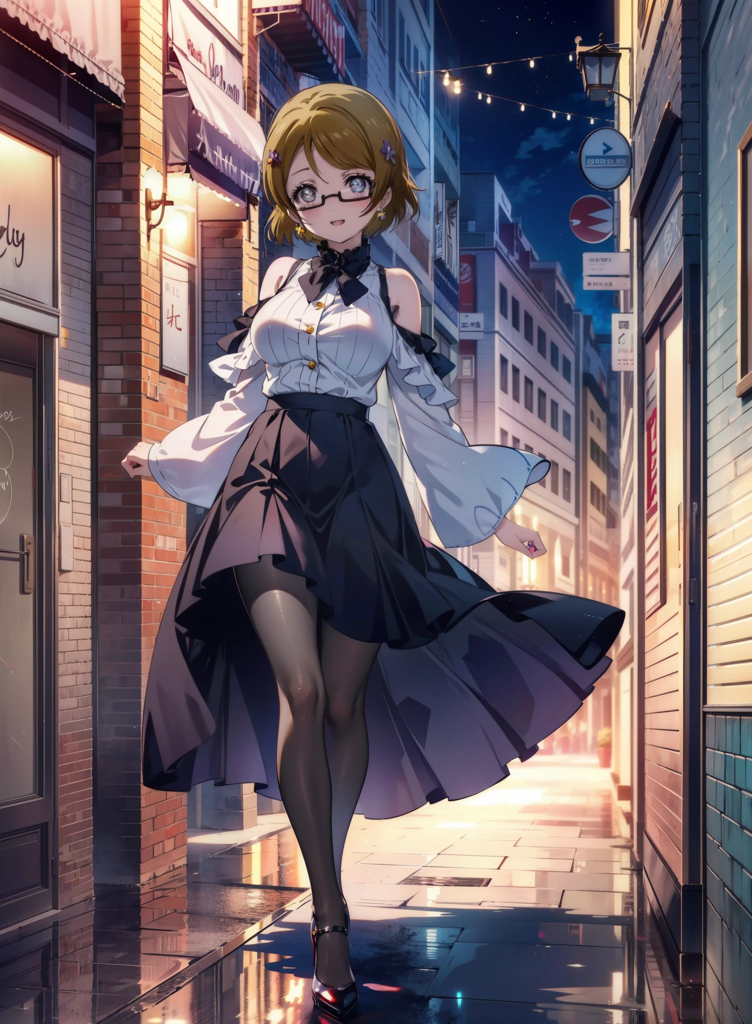 hanayo koizumi, hanayo　Koizumi, short hair, Brown Hair, Purple eyes,Big Breasts,Black-rimmed glasses,Cold Shoulder Shirt,Long skirt,Black pantyhose,Stiletto heels,happy smile, smile, Open your mouth,まるでwhole bodyがイラストの中にいるかのように,Walking,
break looking at viewer, whole body,
break outdoors,Building district,
break (masterpiece:1.2), Highest quality, High resolution, unity 8k wallpaper, (shape:0.8), (Beautiful and beautiful eyes:1.6), Highly detailed face, Perfect lighting, Extremely detailed CG, (Perfect hands, Perfect Anatomy),