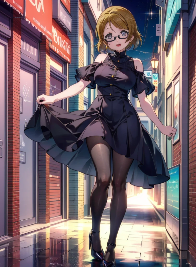 hanayo koizumi, hanayo　Koizumi, short hair, Brown Hair, Purple eyes,Big Breasts,Black-rimmed glasses,Cold Shoulder Shirt,Short sleeve,Long skirt,Black pantyhose,Stiletto heels,happy smile, smile, Open your mouth,まるでwhole bodyがイラストの中にいるかのように,Walking,
break looking at viewer, whole body,
break outdoors,Building district,
break (masterpiece:1.2), Highest quality, High resolution, unity 8k wallpaper, (shape:0.8), (Beautiful and beautiful eyes:1.6), Highly detailed face, Perfect lighting, Extremely detailed CG, (Perfect hands, Perfect Anatomy),