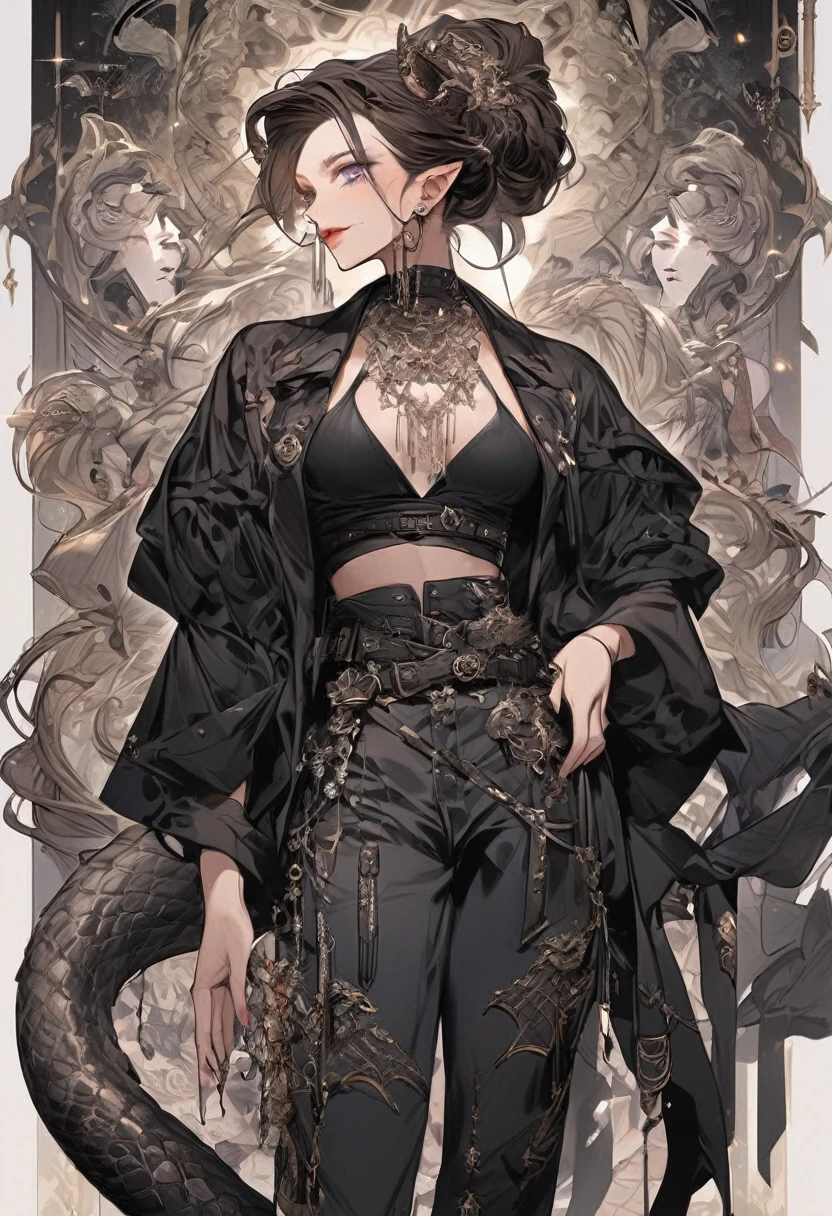 Tall woman, cheeky mad smile, brunette, hair gathered in a low bun, black clothes with open chest, purple eyes, dragon tail and horns, belts, pants, many details, light lipstick