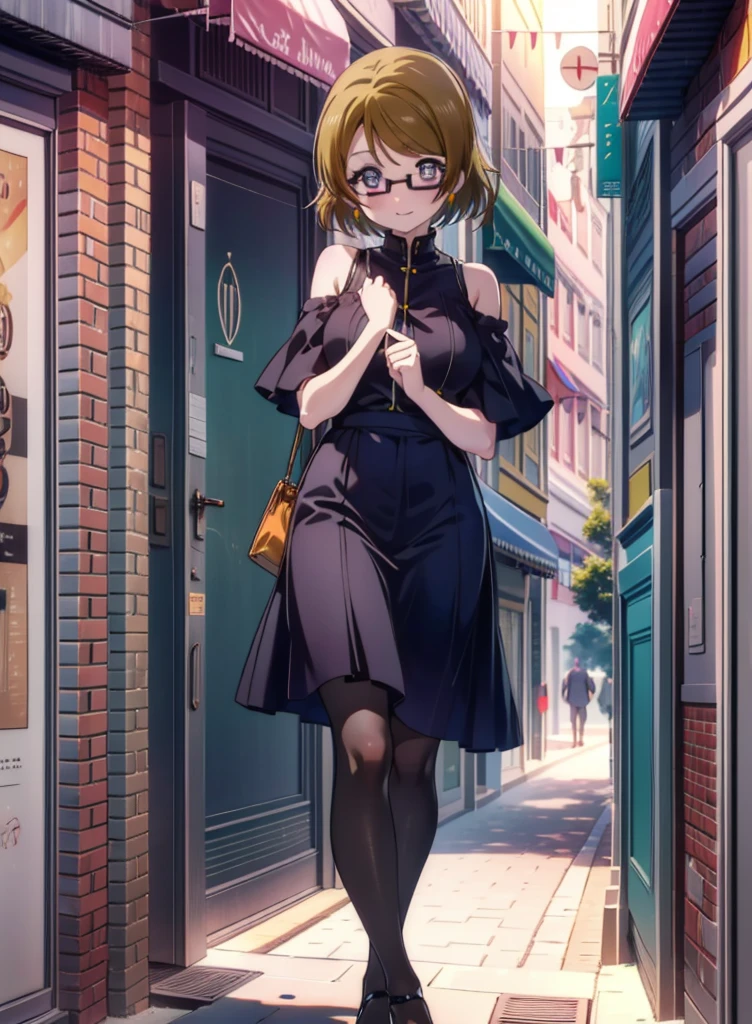 hanayo koizumi, hanayo　Koizumi, short hair, Brown Hair, Purple eyes,Big Breasts,Black-rimmed glasses,Cold Shoulder Shirt,Short sleeve,Long skirt,Black pantyhose,Stiletto heels,happy smile, smile, Open your mouth,まるでwhole bodyがイラストの中にいるかのように,Walking,morning,morning陽,The sun is rising,
break looking at viewer, whole body,
break outdoors,Building district,
break (masterpiece:1.2), Highest quality, High resolution, unity 8k wallpaper, (shape:0.8), (Beautiful and beautiful eyes:1.6), Highly detailed face, Perfect lighting, Extremely detailed CG, (Perfect hands, Perfect Anatomy),