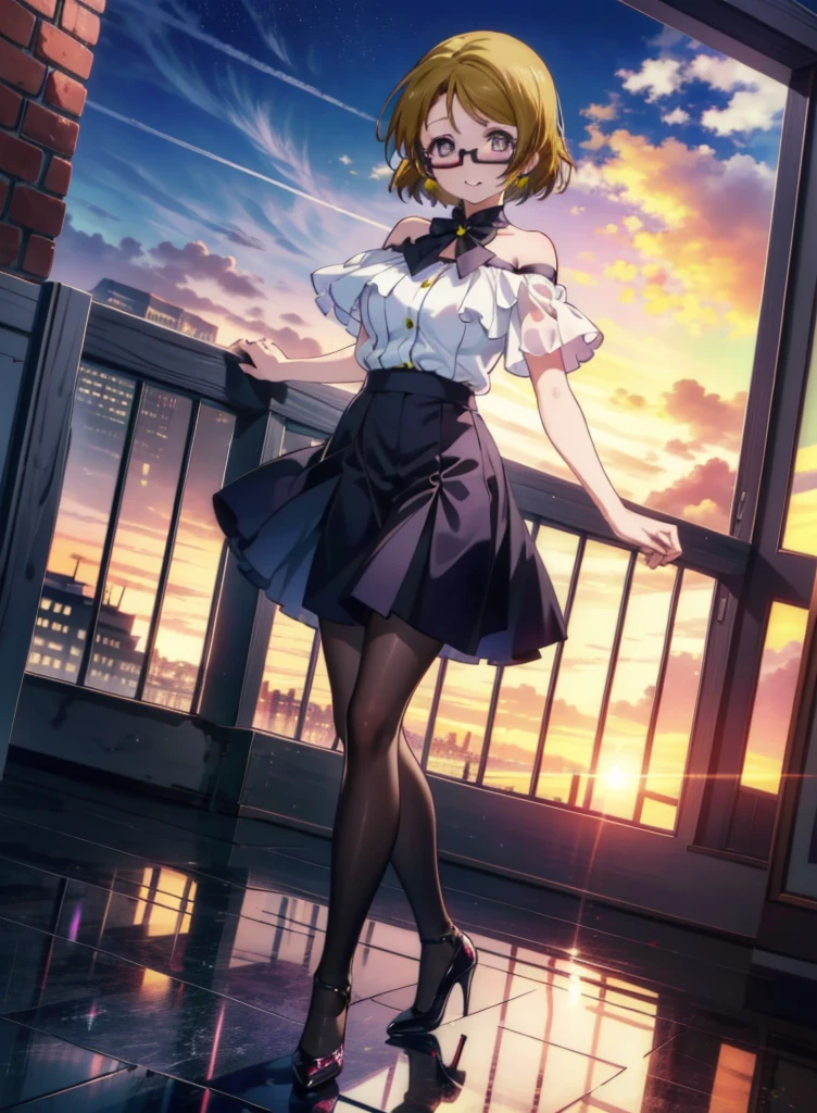 hanayo koizumi, hanayo　Koizumi, short hair, Brown Hair, Purple eyes,Big Breasts,Black-rimmed glasses,Cold Shoulder Shirt,Short sleeve,Long skirt,Black pantyhose,Stiletto heels,happy smile, smile, Open your mouth,まるでwhole bodyがイラストの中にいるかのように,Walking,morning,morning陽,The sun is rising,
break looking at viewer, whole body,
break outdoors,Building district,
break (masterpiece:1.2), Highest quality, High resolution, unity 8k wallpaper, (shape:0.8), (Beautiful and beautiful eyes:1.6), Highly detailed face, Perfect lighting, Extremely detailed CG, (Perfect hands, Perfect Anatomy),