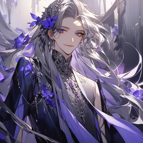 feminine boy, beautiful soft facial features, smile, squinted siren dark blue eyes without glare, silver long loose hair with st...