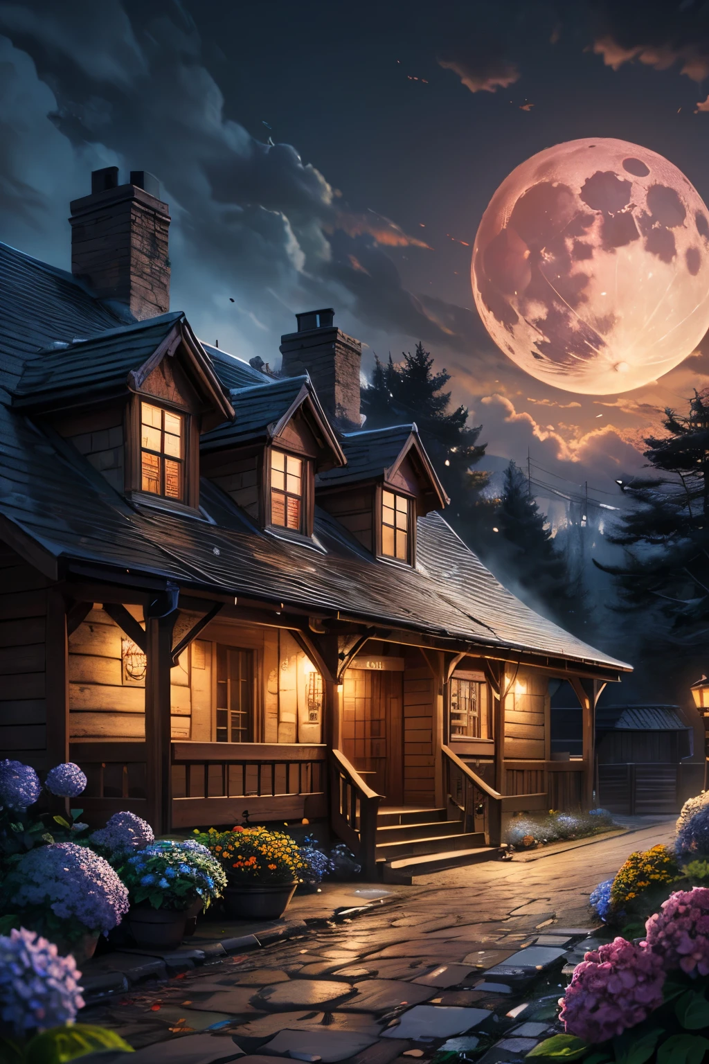 masterpiece, 最high quality, high quality, Very detailed CG 8k wallpaper unit, scenery, Outdoor, set up, Medieval Tavern, autumnの空, autumnの夕暮れ, autumn、winter, Cloudy, The big moon shines, Award-winning photography, Depth of written boundary, High resolution, Flowers, squirt, Hydrangea, Realistic, Very detailed, Complex, High detail, dramatic, Art on the go,  Art Station Trends, CGsociety Trends, chromatic aberration.