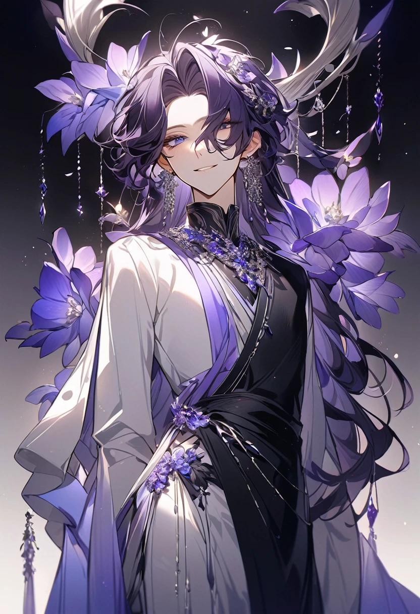 Feminine boy, soft womanish facial features, smile, squinted siren dark blue eyes without glare, silver and dark purple long loose hair with straight bang, fantasy black fit clothes with blue and purple elements, long black gloves, model, gorgeous, elegant, lots of silver jewelry, flowers in his hair, skinny body