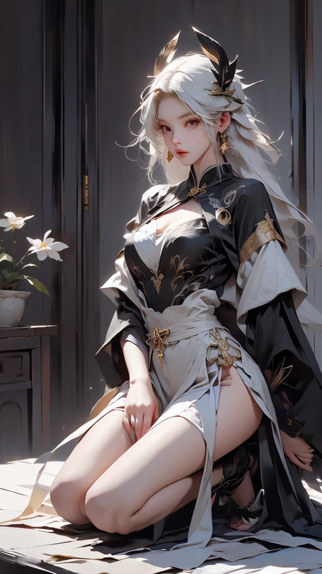 A very beautiful female empress, white  hair, bob hair, short-hair, yellow  eyes, olhos intensos, red nails, youthful face, notable physical features, slim, muscular but well-proportioned body. Wearing traditional Chinese imperial clothing in black with gold details, with red Hanafuda earrings, with a red skirt with gold details, a black string sandal. Kneeling on a white bed in an ancient Chinese room, with a full moon and stars in the window in the background with flashes of light reflecting on the body.