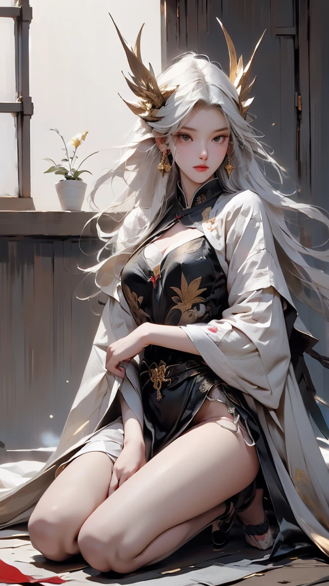 A very beautiful female empress, white  hair, bob hair, short-hair, yellow  eyes, olhos intensos, red nails, youthful face, notable physical features, slim, muscular but well-proportioned body. Wearing traditional Chinese imperial clothing in black with gold details, with red Hanafuda earrings, with a red skirt with gold details, a black string sandal. Kneeling on a white bed in an ancient Chinese room, with a full moon and stars in the window in the background with flashes of light reflecting on the body.